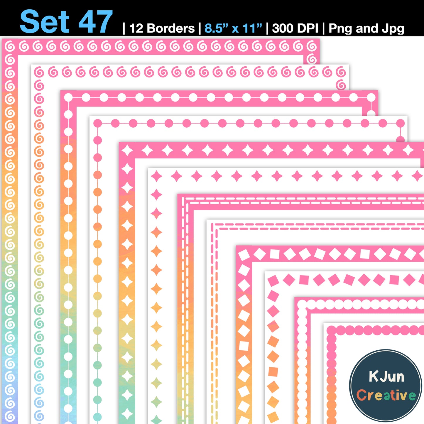 Border Clipart Set 47 - Pastel Rainbow - Page Borders and Frames