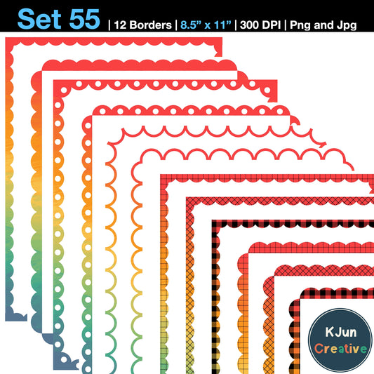 Border Clipart Set 55 - Vintage Rainbow Scallop - Page Borders and Frames
