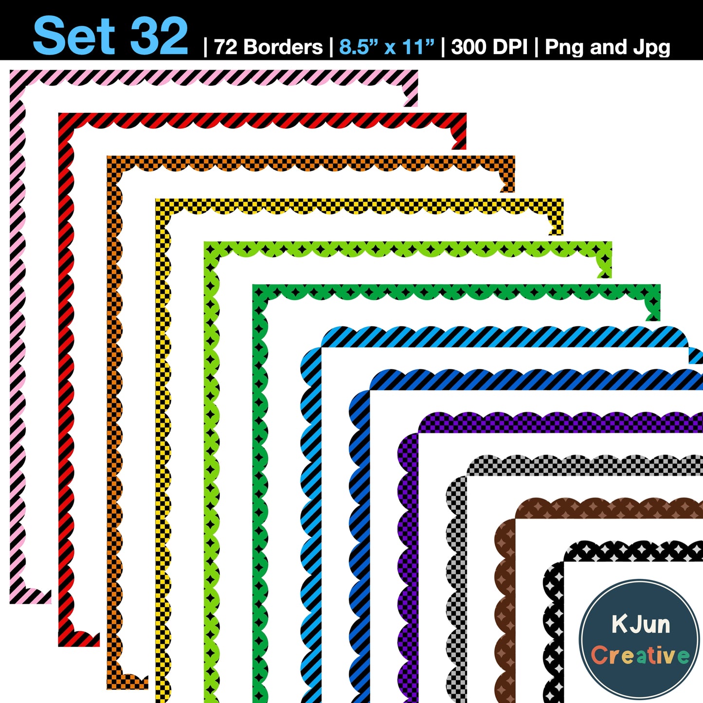 Border Clipart Set 32 - Colorful Scallop - Page Borders and Frames