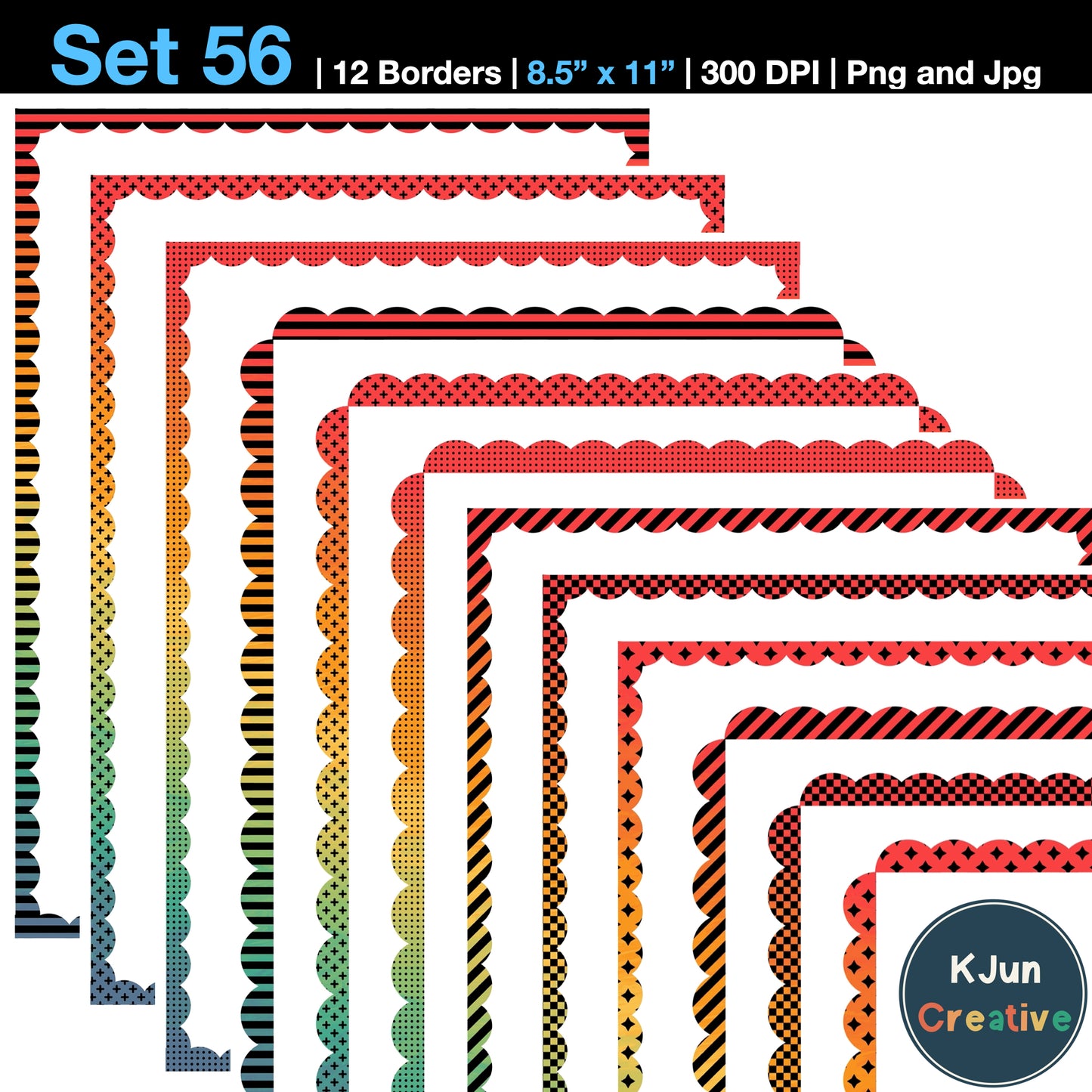 Border Clipart Set 56 - Vintage Rainbow Scallop - Page Borders and Frames
