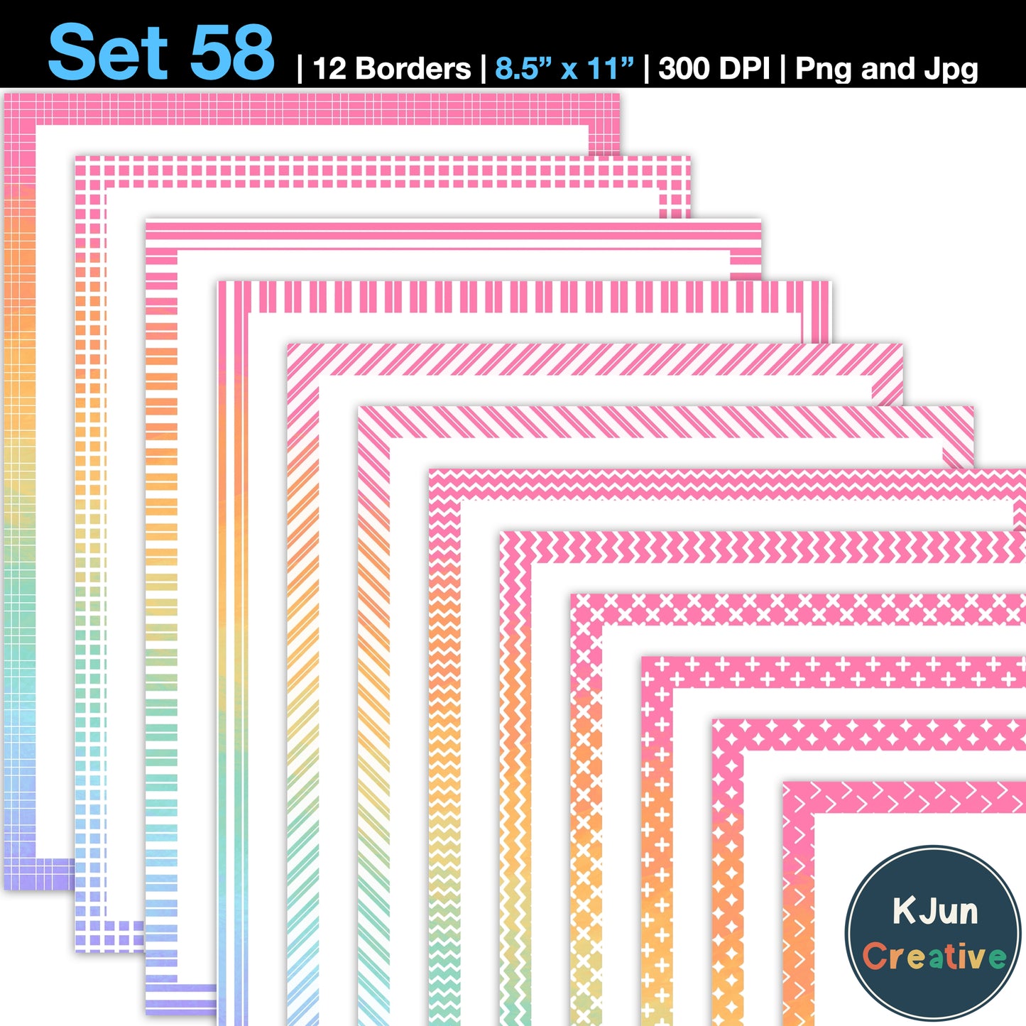 Border Clipart Set 58 - Pastel Rainbow - Page Borders and Frames