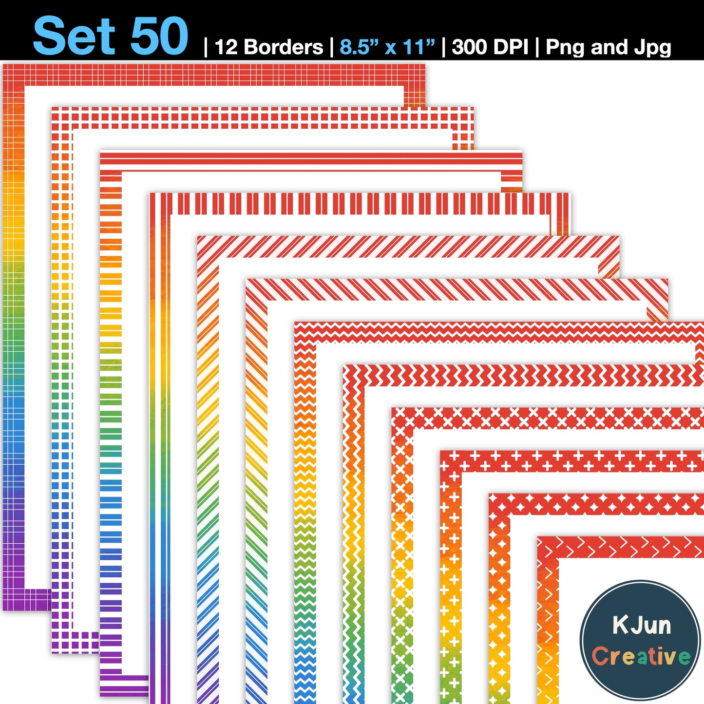 Border Clipart Set 50 - Rainbow - Page Borders and Frames