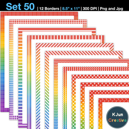 Border Clipart Set 50 - Rainbow - Page Borders and Frames