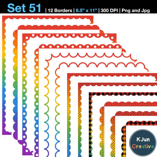 Border Clipart Set 51 - Rainbow Scallop - Page Borders and Frames