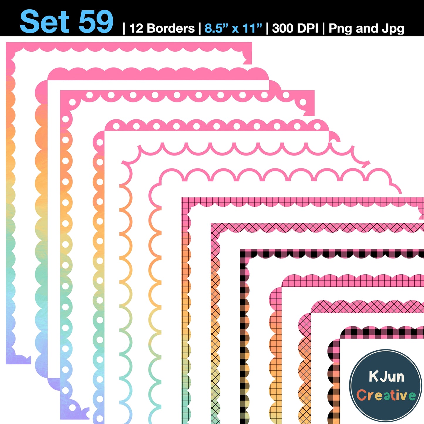Border Clipart Set 59 - Pastel Rainbow Scallop - Page Borders and Frames