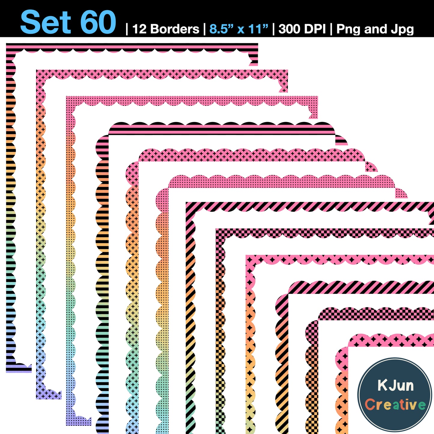 Border Clipart Set 60 - Pastel Rainbow Scallop - Page Borders and Frames