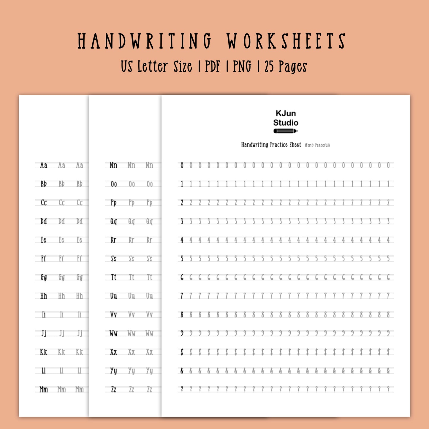 Handwriting Practice Sheets - Peaceful Font