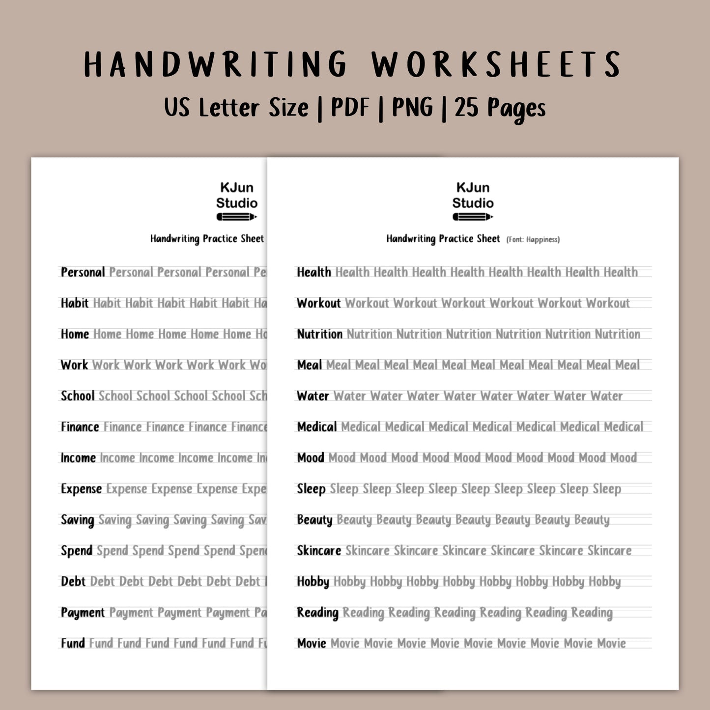 Handwriting Practice Sheets - Happiness Font