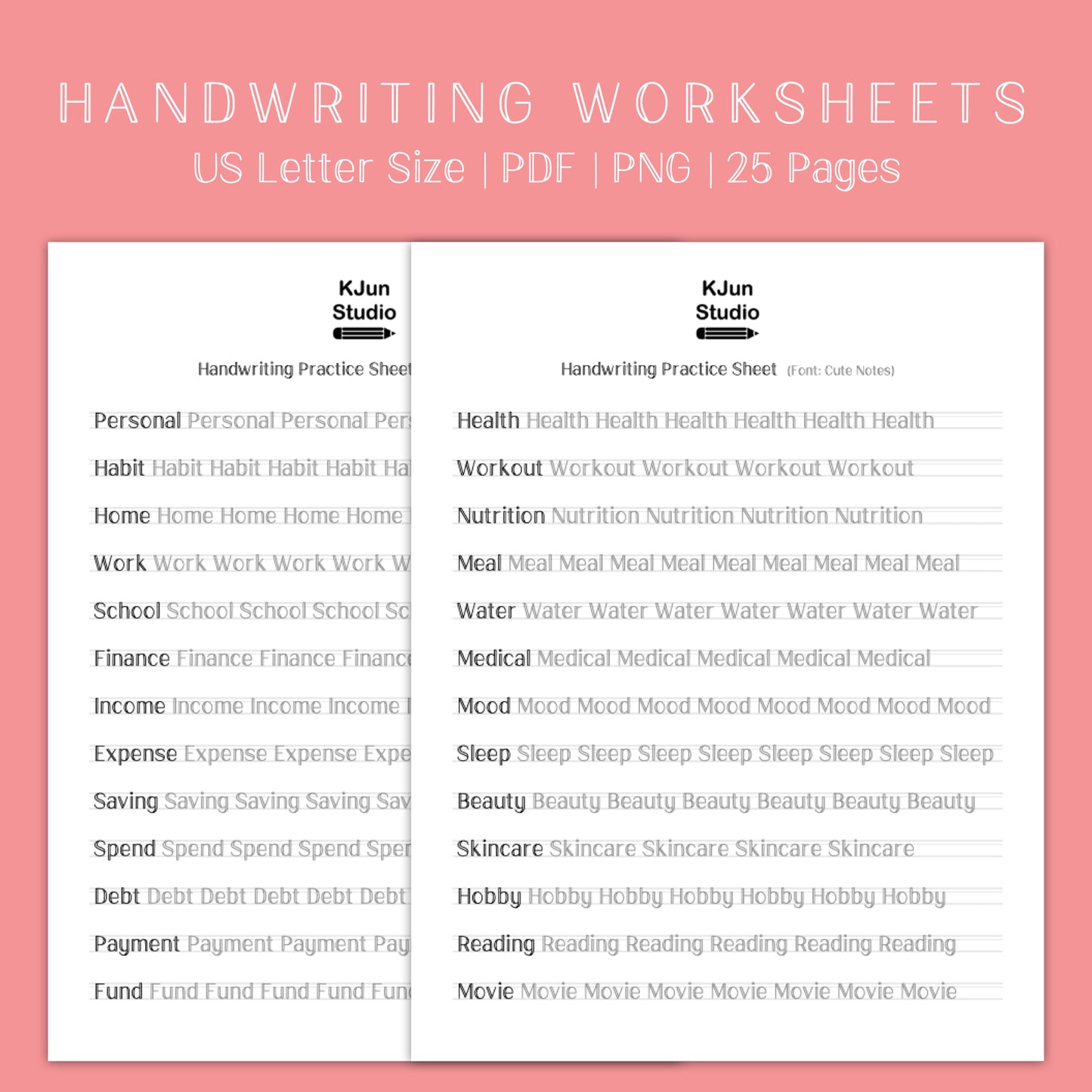 Handwriting Practice Sheets - Cute Notes Font