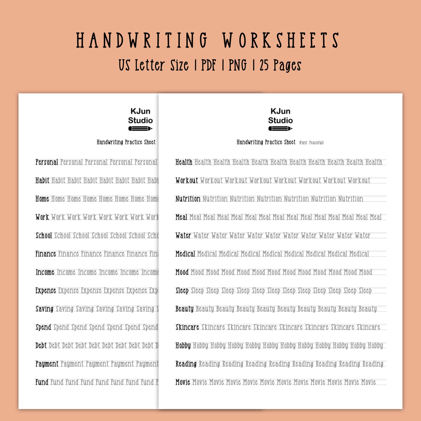 Handwriting Practice Sheets - Peaceful Font