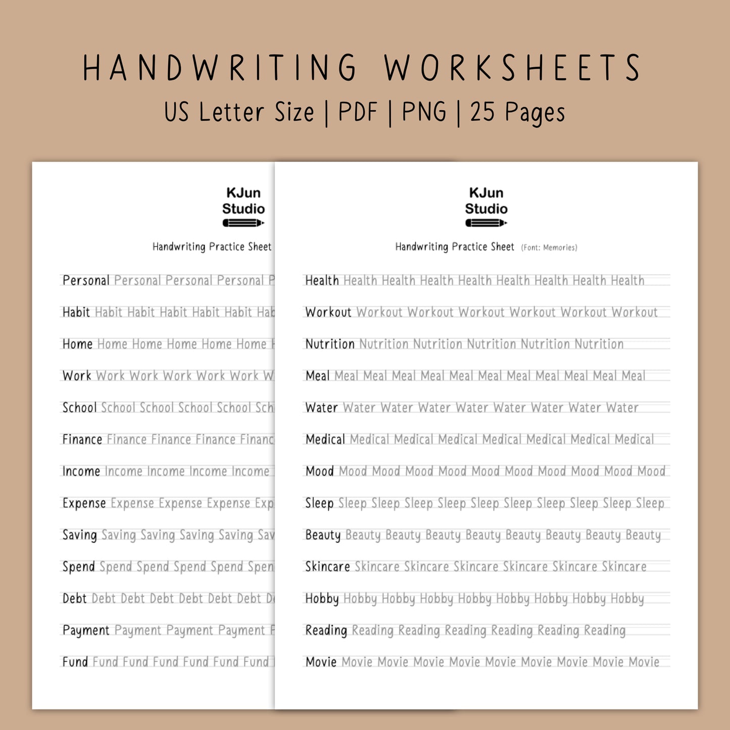 Handwriting Practice Sheets - Memories Font