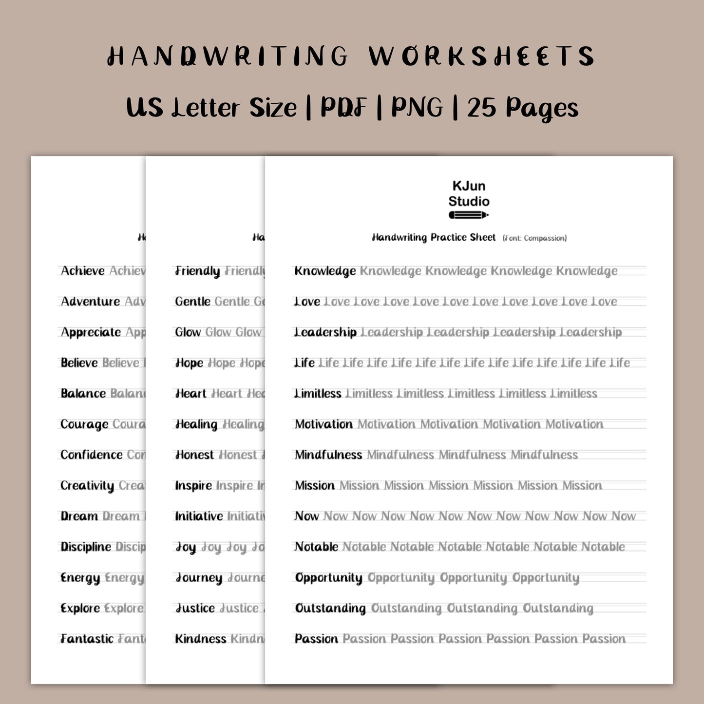 Handwriting Practice Sheets - Compassion Font