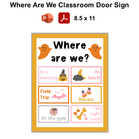 Where Are We Classroom Door Sign - Pink Halloween | Editable