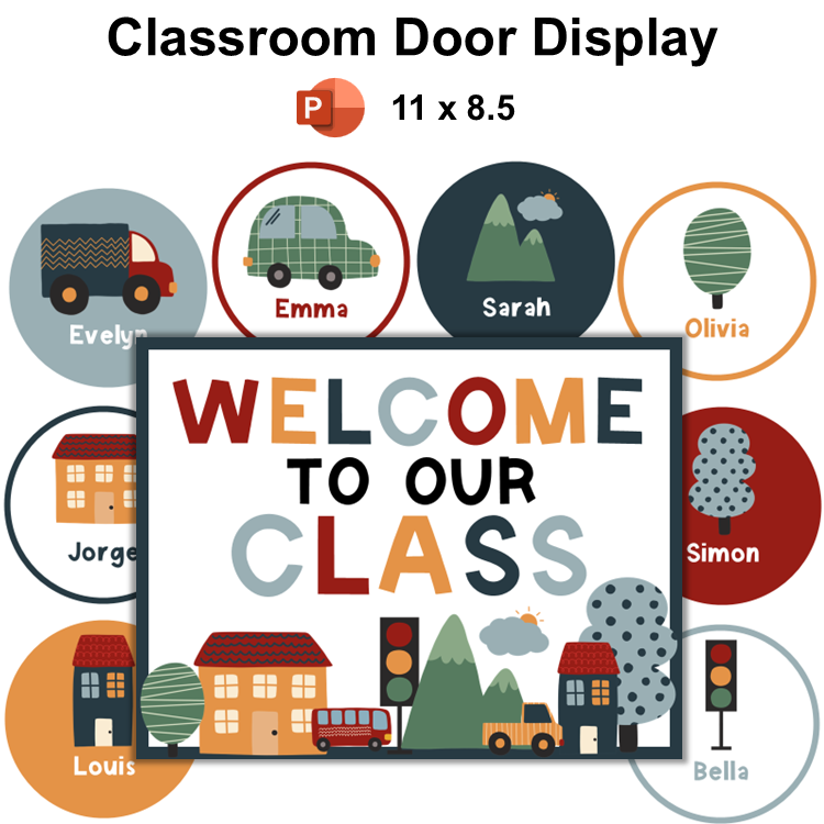 Classroom Door Display - Little Town | Editable