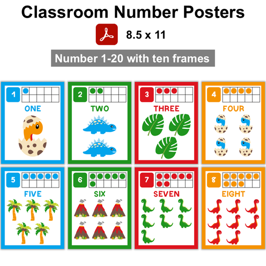 Classroom Number Posters - Cute Dinosaur