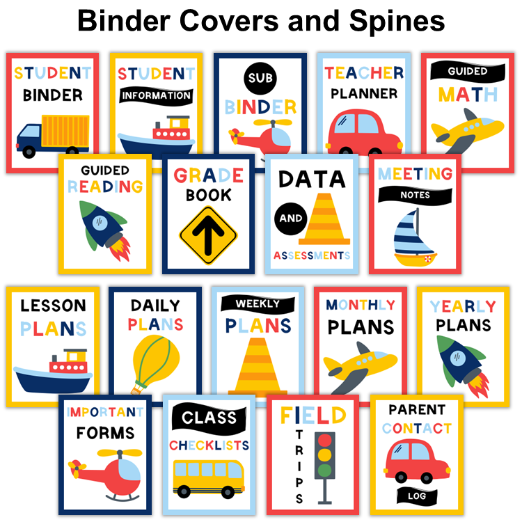 Binder Covers and Spines - Cute Transportation | Editable