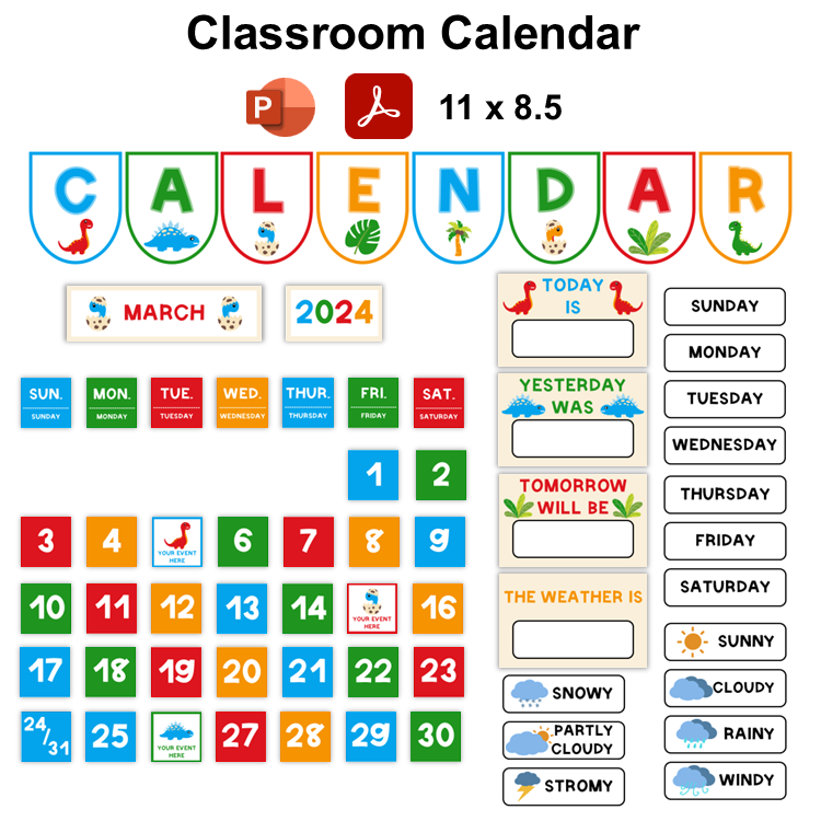 Classroom Calendar - Cute Dinosaur | Editable