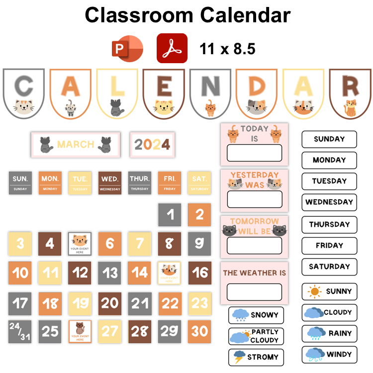 Classroom Calendar - Little Cat | Editable