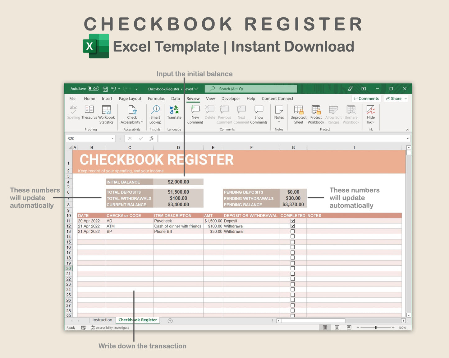 Excel - Checkbook Register - Neutral