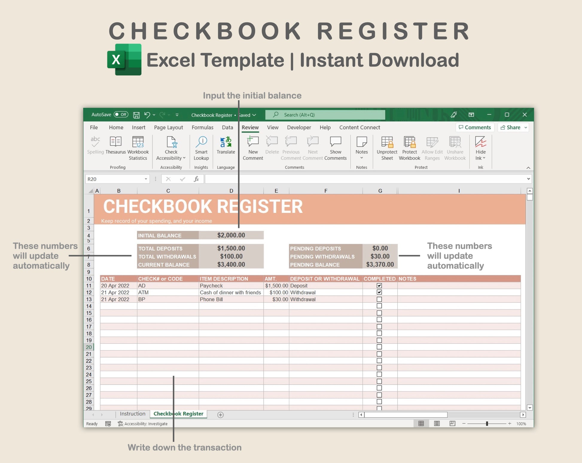 Checkbook Register Template Excel