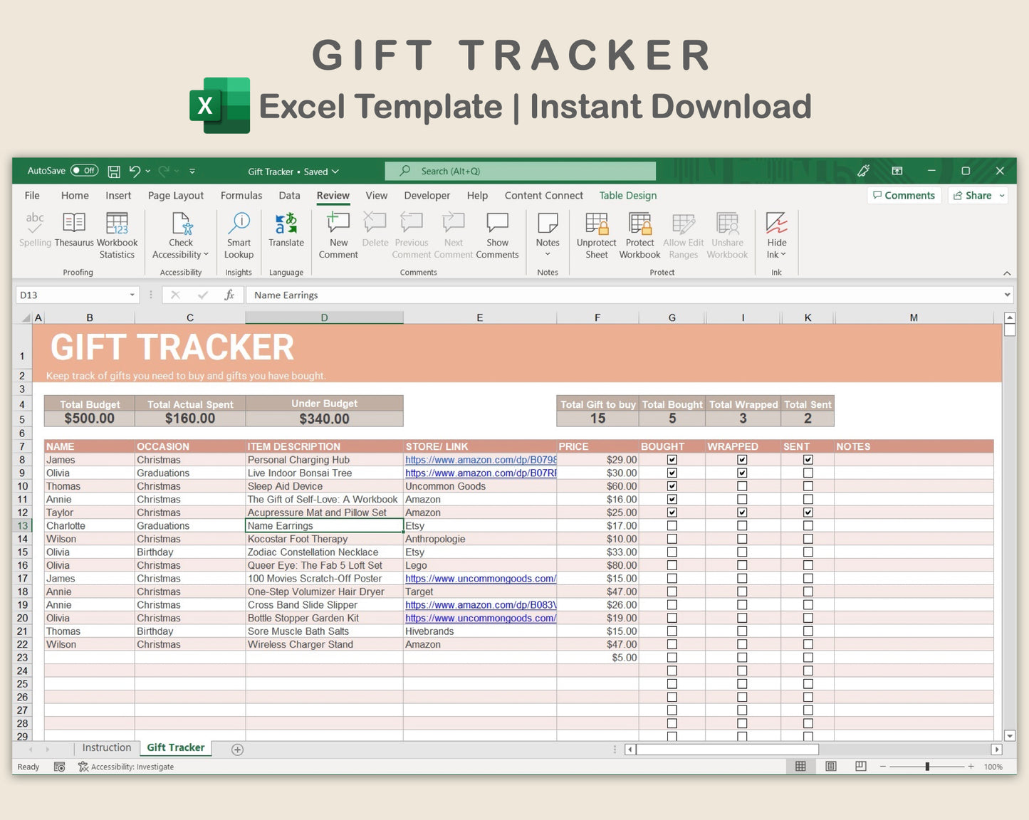 Excel - Gift Tracker - Neutral