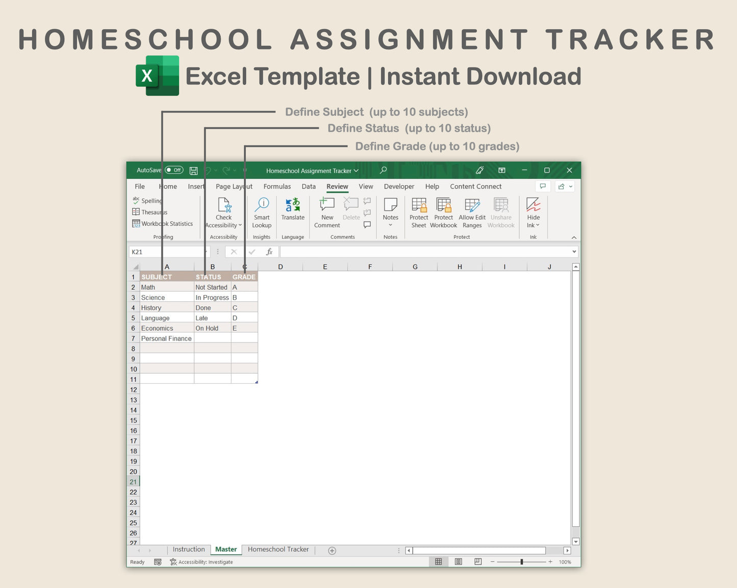 Excel - Homeschool Assignment Tracker - Neutral