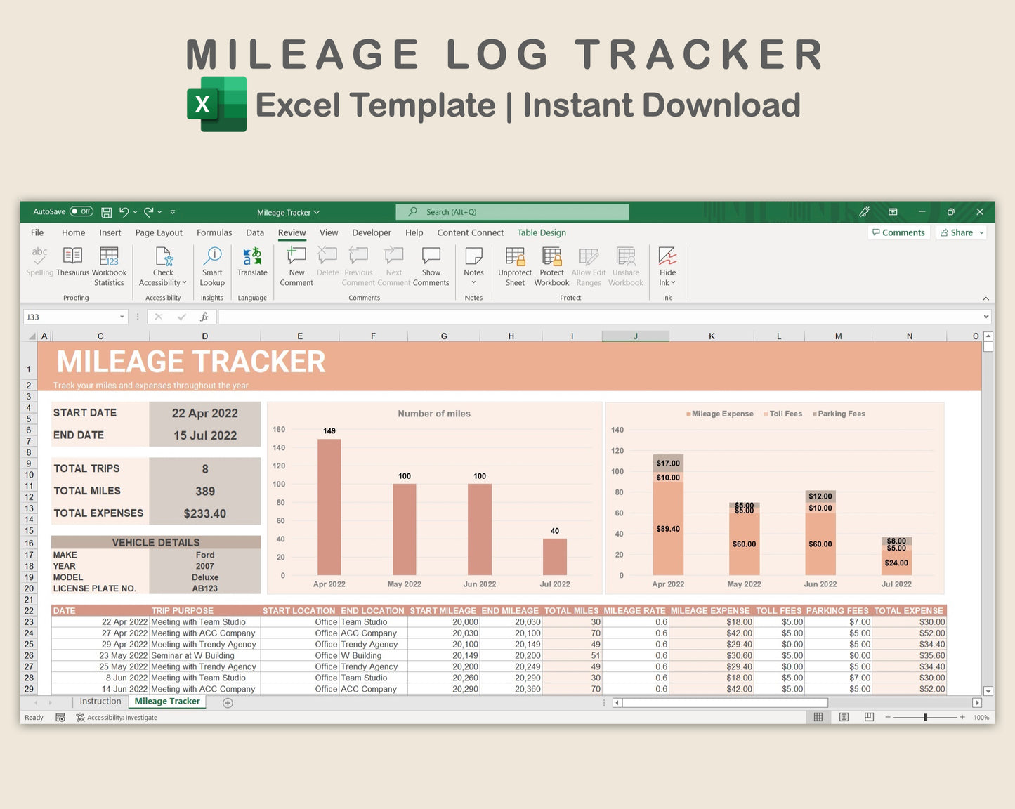Excel - Mileage Log Tracker - Neutral