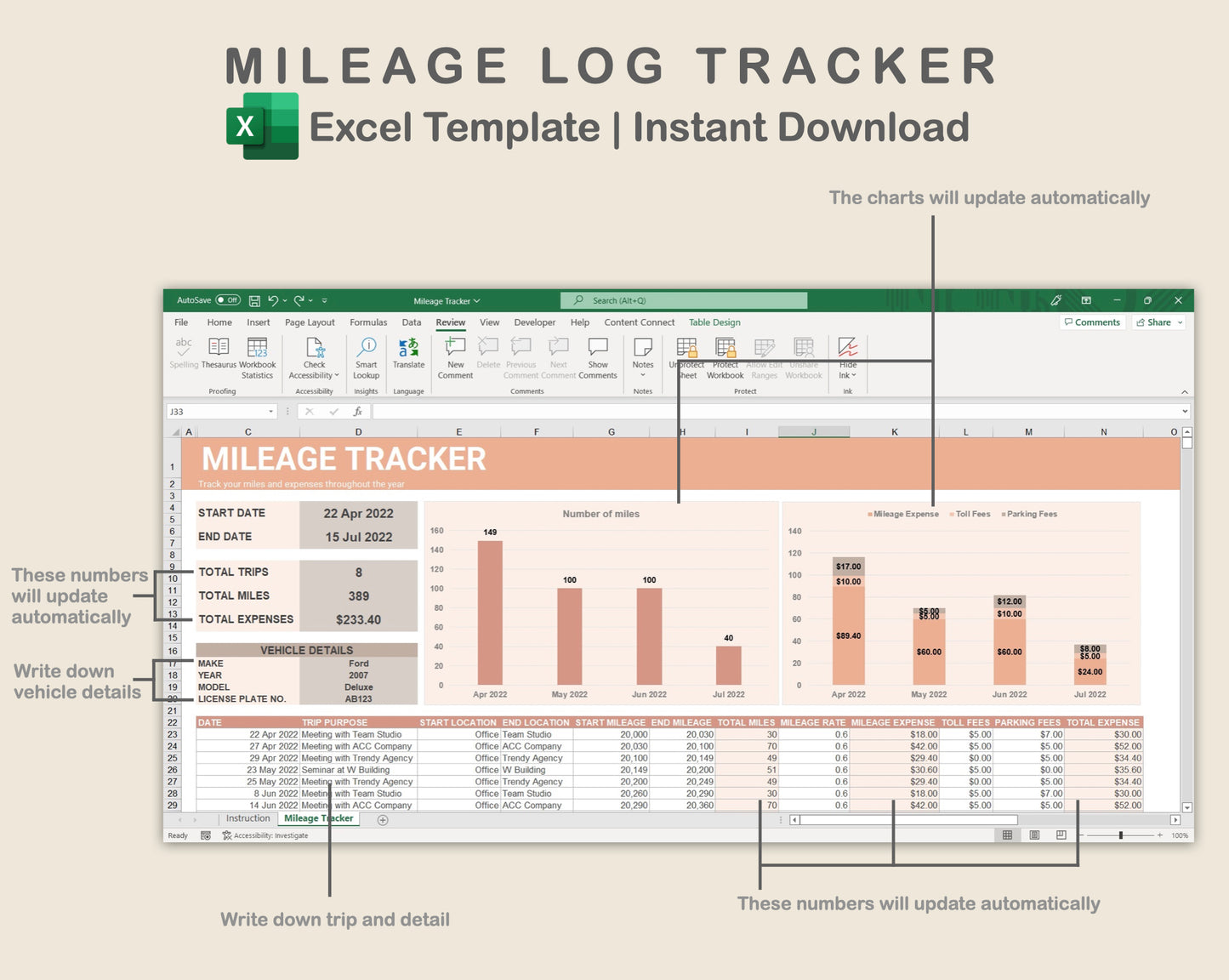 Excel - Mileage Log Tracker - Neutral
