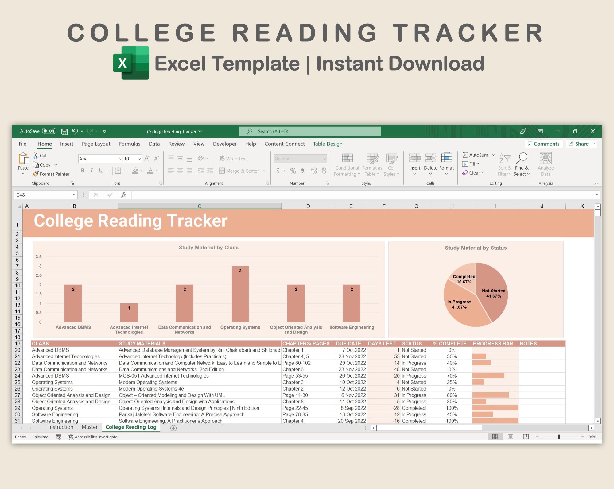 Study Tracker Using Excel Excel - College Reading Tracker - Neutral – kjunstudio