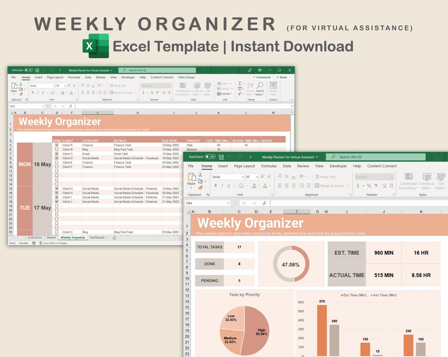 Excel - Weekly Organizer for Virtual Assistant Business - Neutral