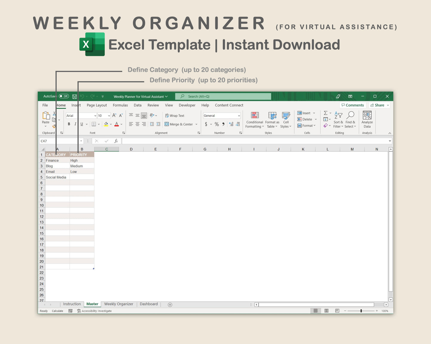 Excel - Weekly Organizer for Virtual Assistant Business - Neutral
