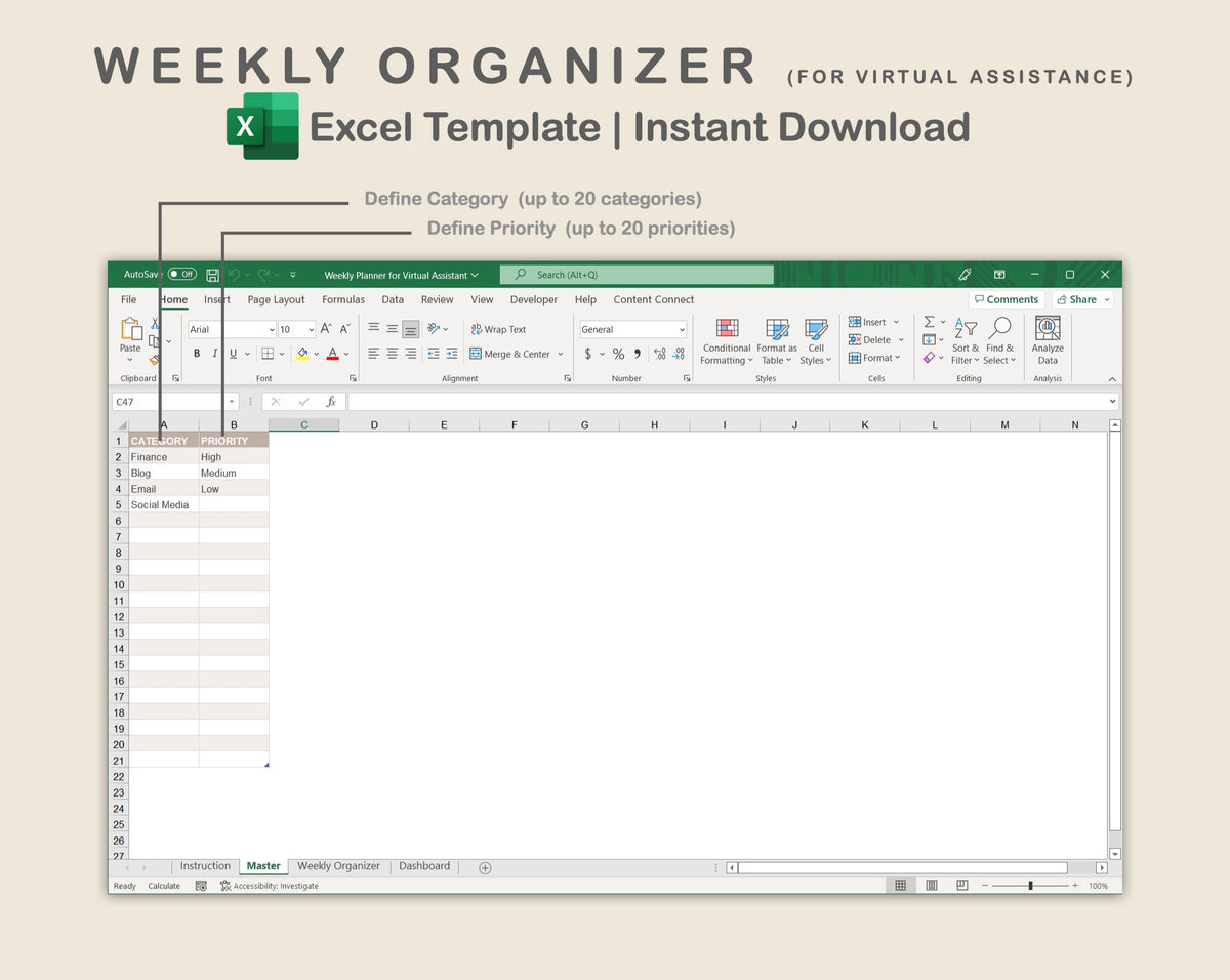 File Organiser Excel Excel - Weekly Organizer for Virtual Assistant Business - Neutral ...