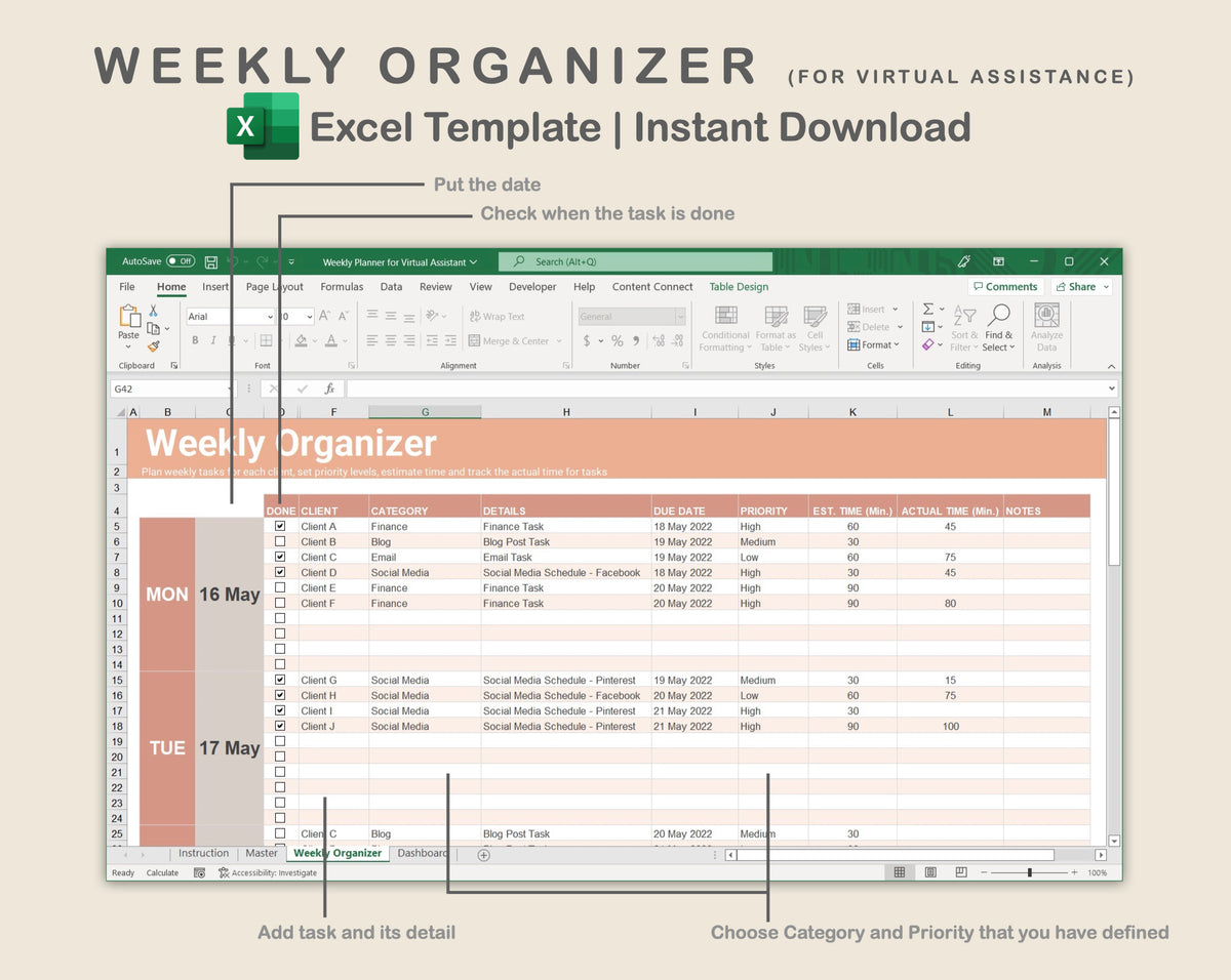 File Organiser Excel Excel - Weekly Organizer for Virtual Assistant Business - Neutral ...