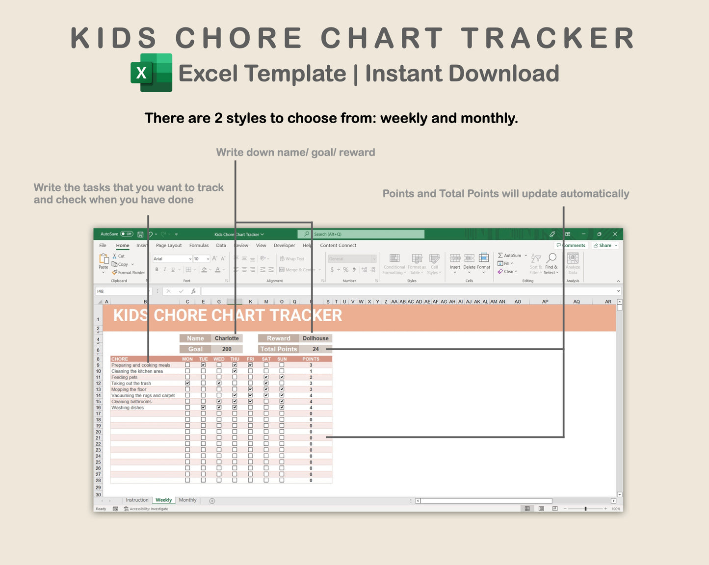 Excel - Kids Chore Chart Tracker - Neutral