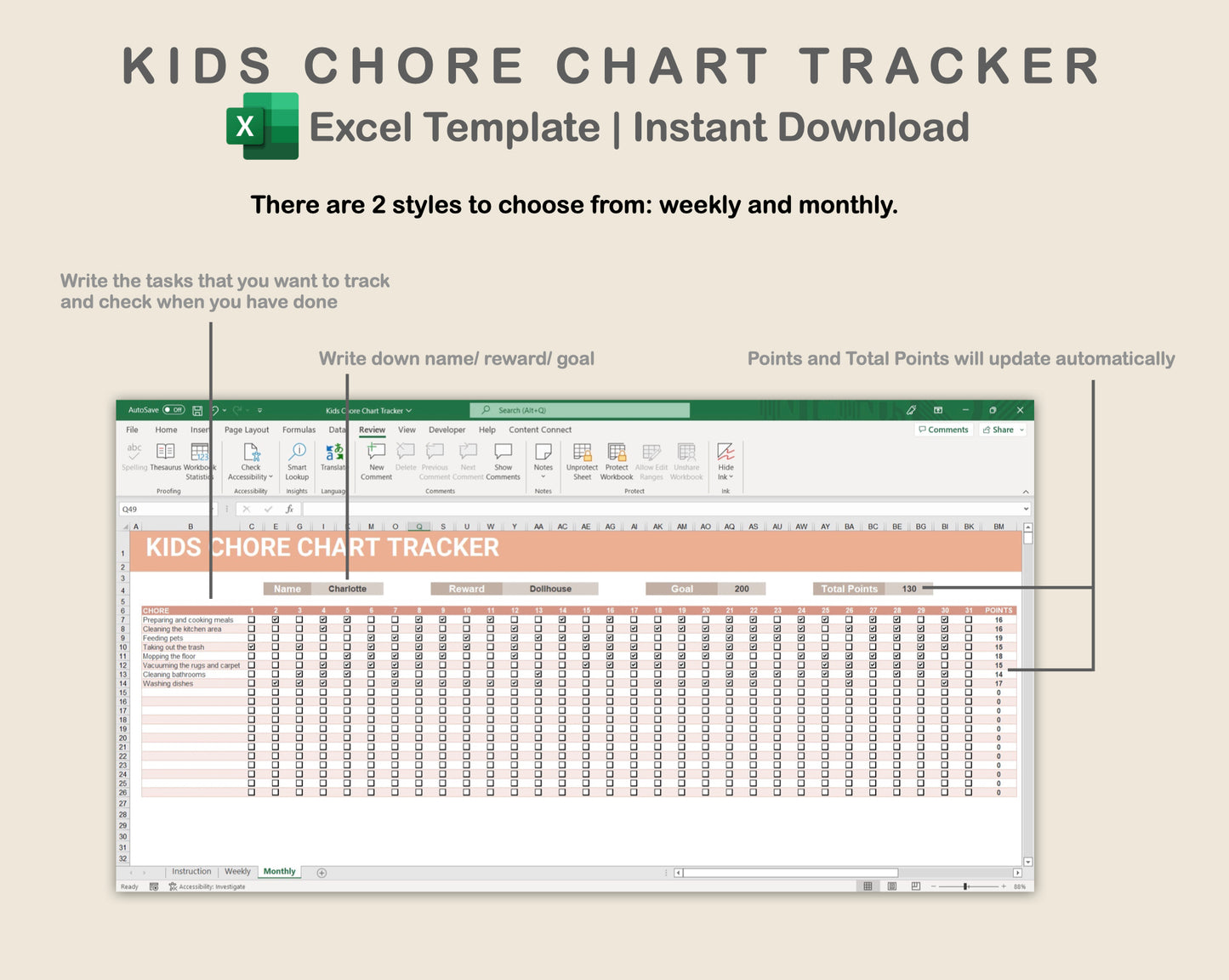 Excel - Kids Chore Chart Tracker - Neutral