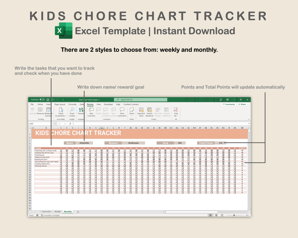 Kids Using Excel Excel - Kids Chore Chart Tracker - Neutral – kjunstudio