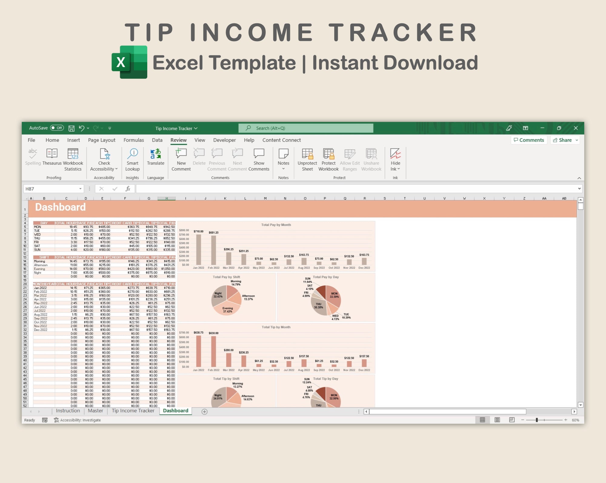 Excel - Tip Income Tracker - Neutral – kjunstudio