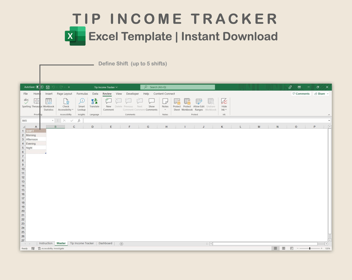 Excel - Tip Income Tracker - Neutral – kjunstudio