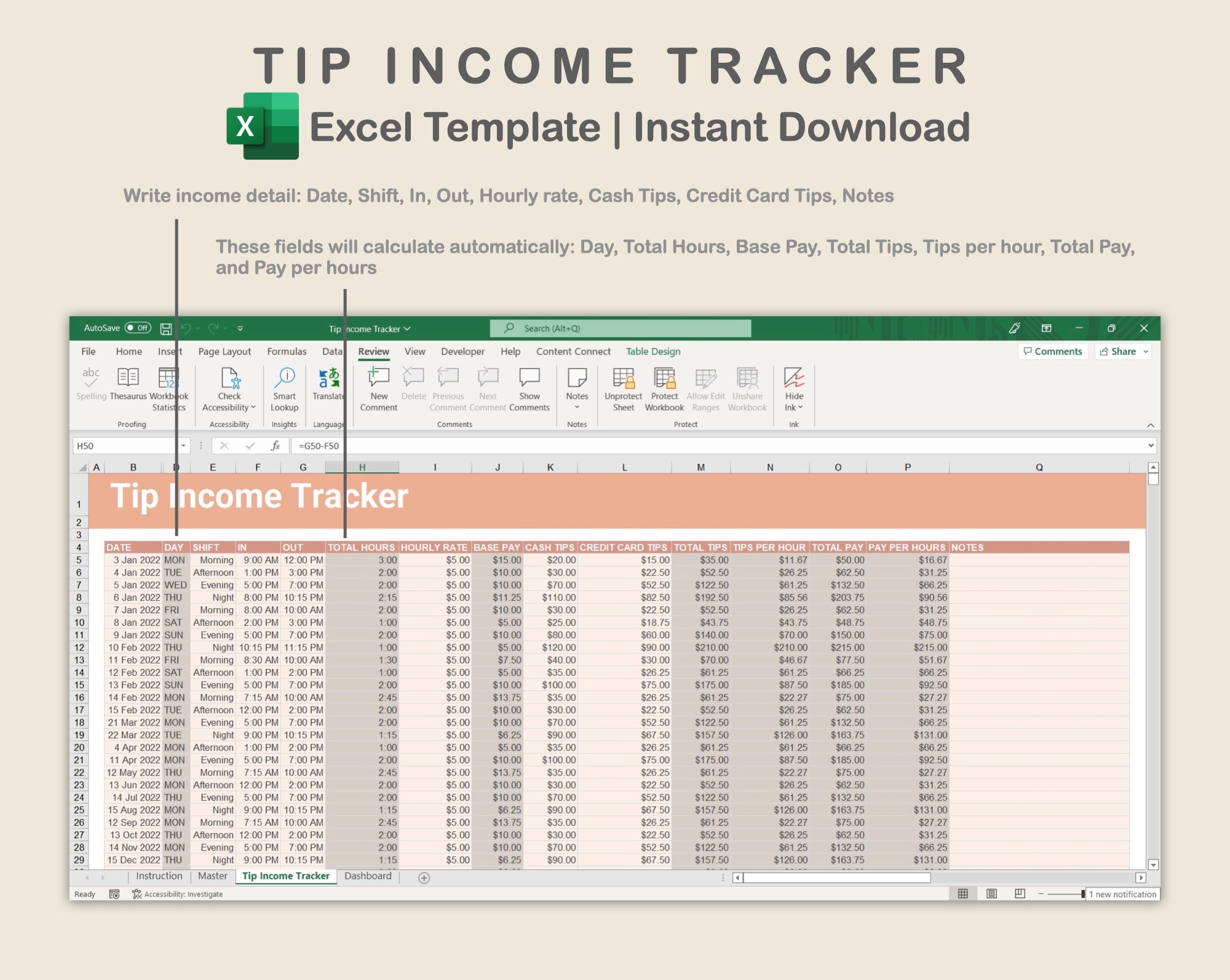 Tip Program Income Excel - Tip Income Tracker - Neutral – kjunstudio