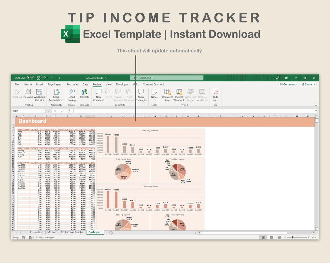 Excel - Tip Income Tracker - Neutral – kjunstudio