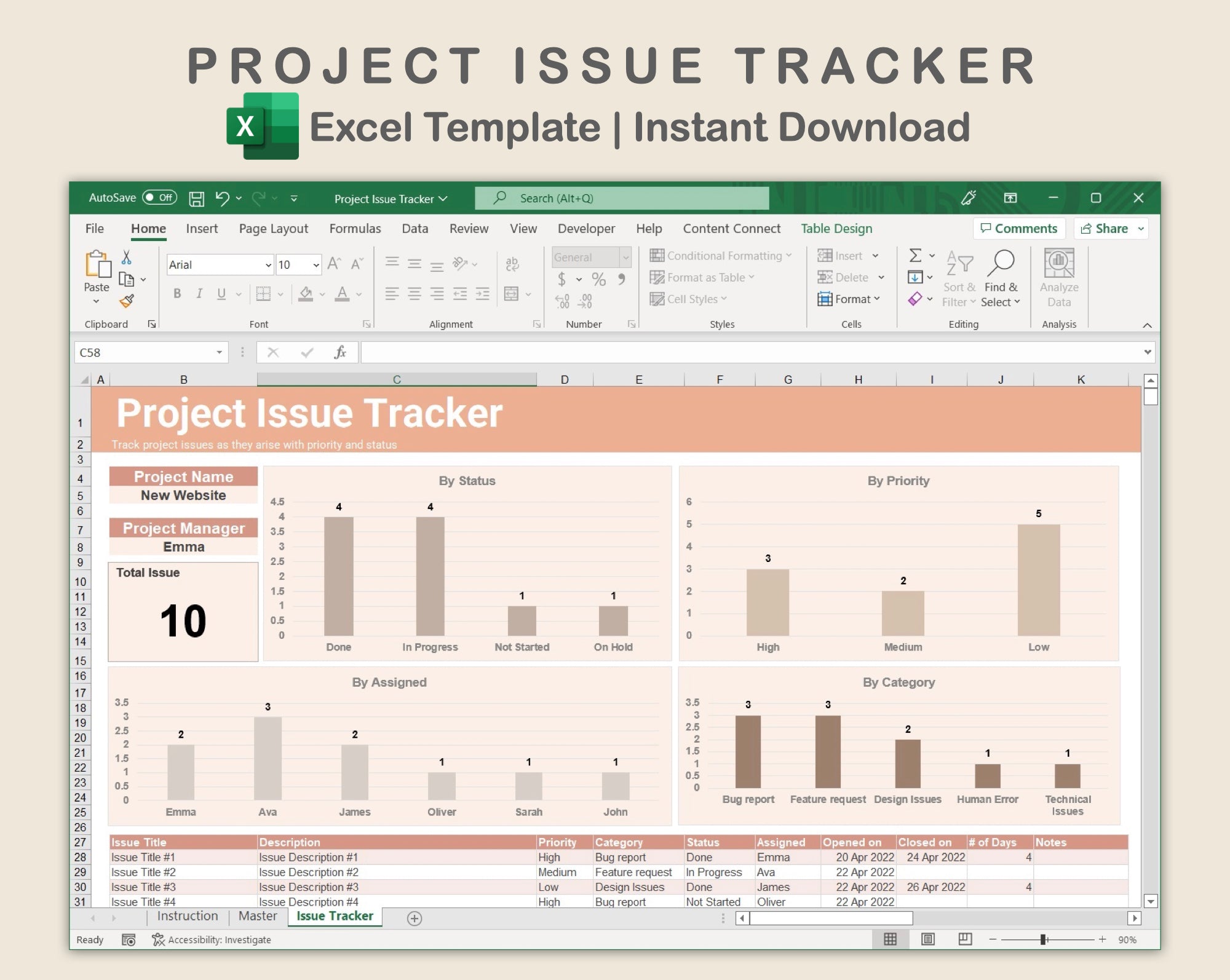 Excel - Project Issue Tracker - Neutral – kjunstudio