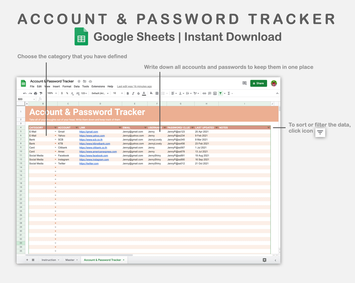 Google Sheets - Account & Password Tracker - Neutral