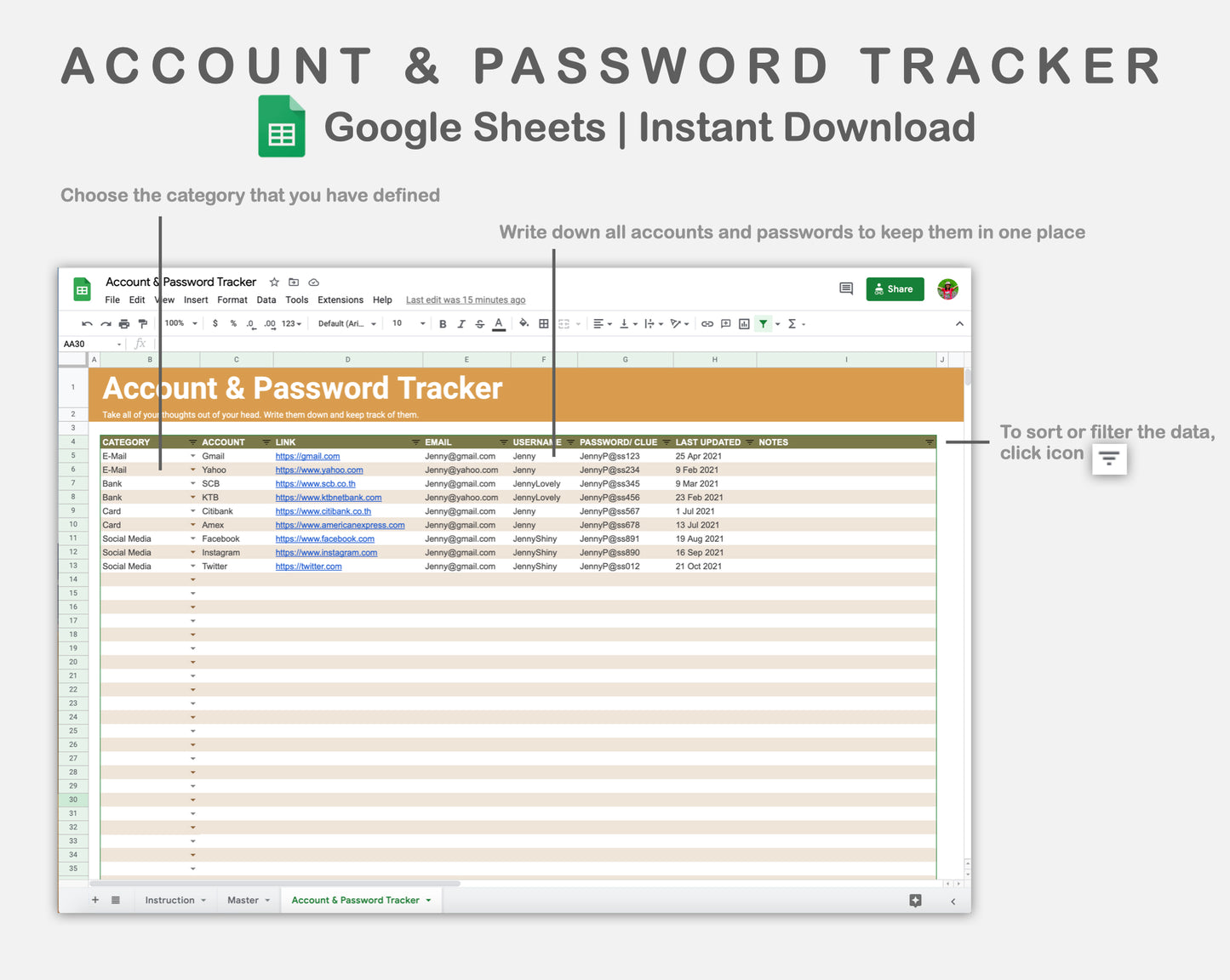 Google Sheets - Account & Password Tracker - Boho