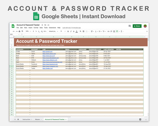 Google Sheets - Account & Password Tracker - Earthy