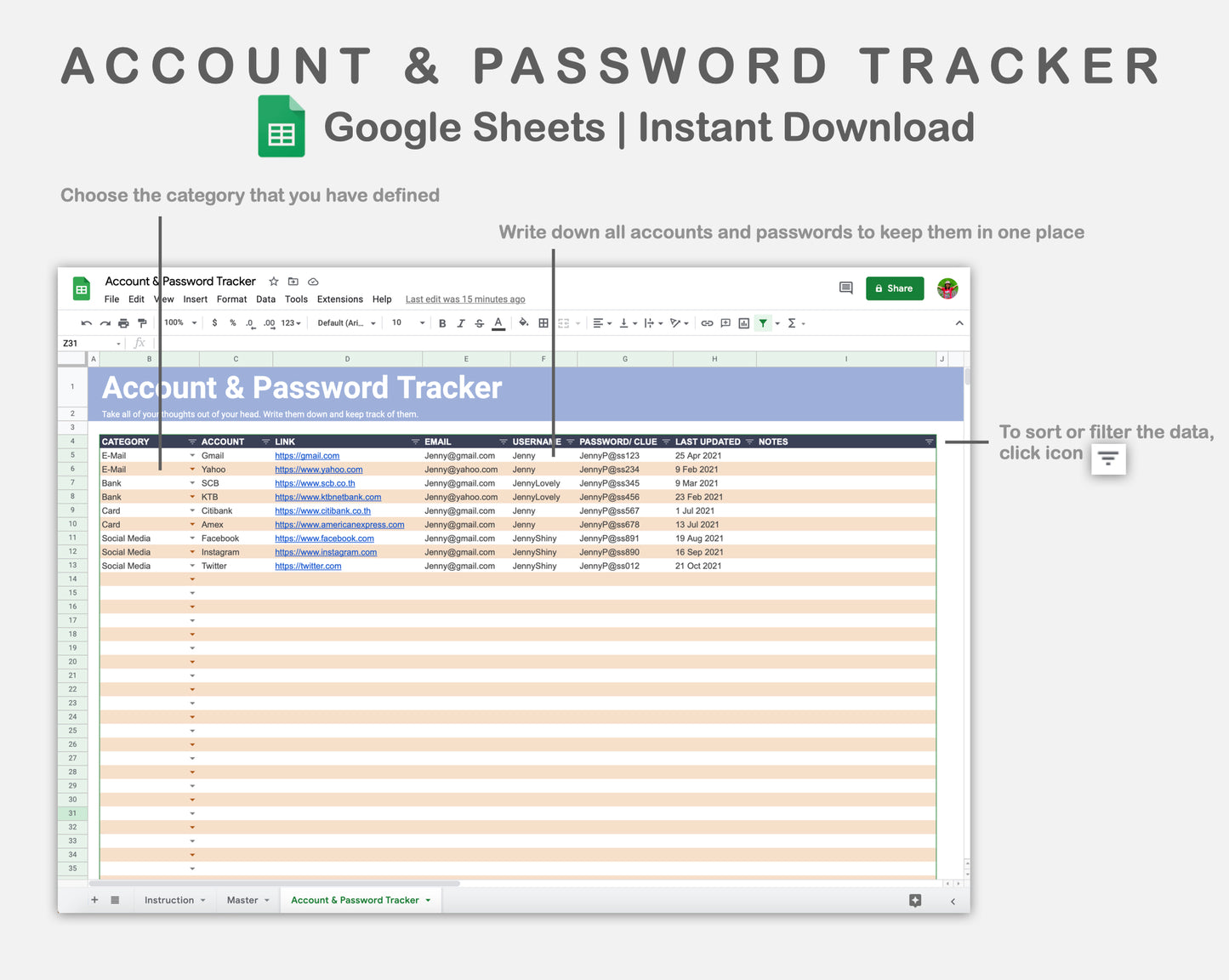 Google Sheets - Account & Password Tracker - Sweet