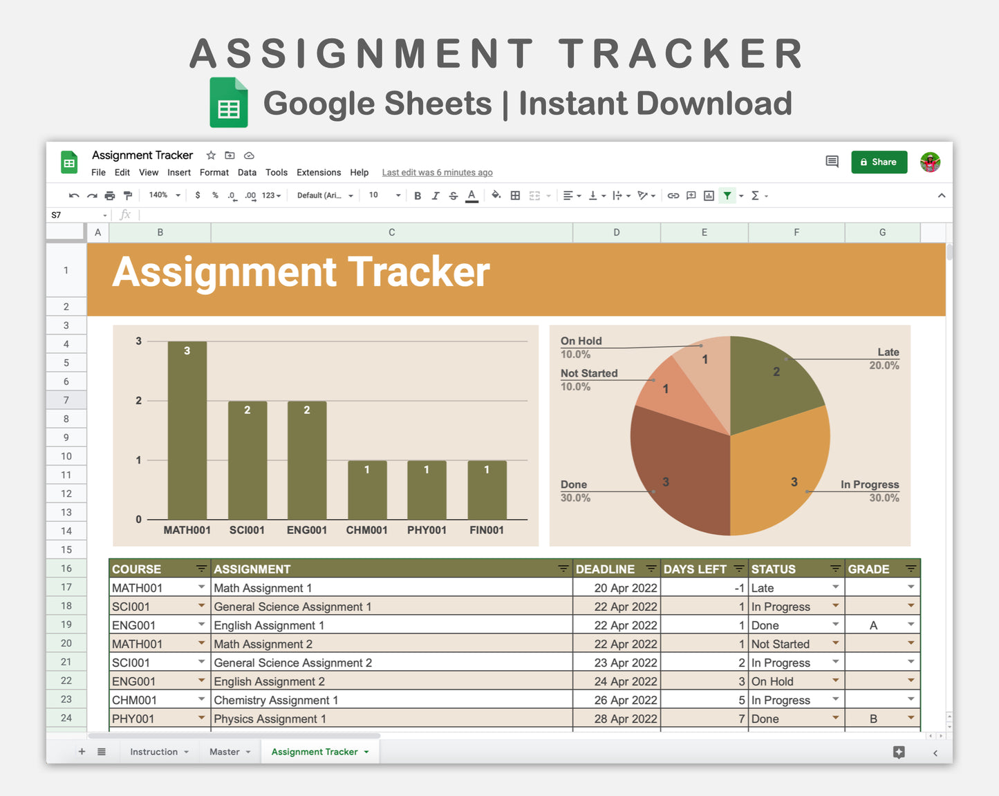 Google Sheets - Assignment Tracker - Boho