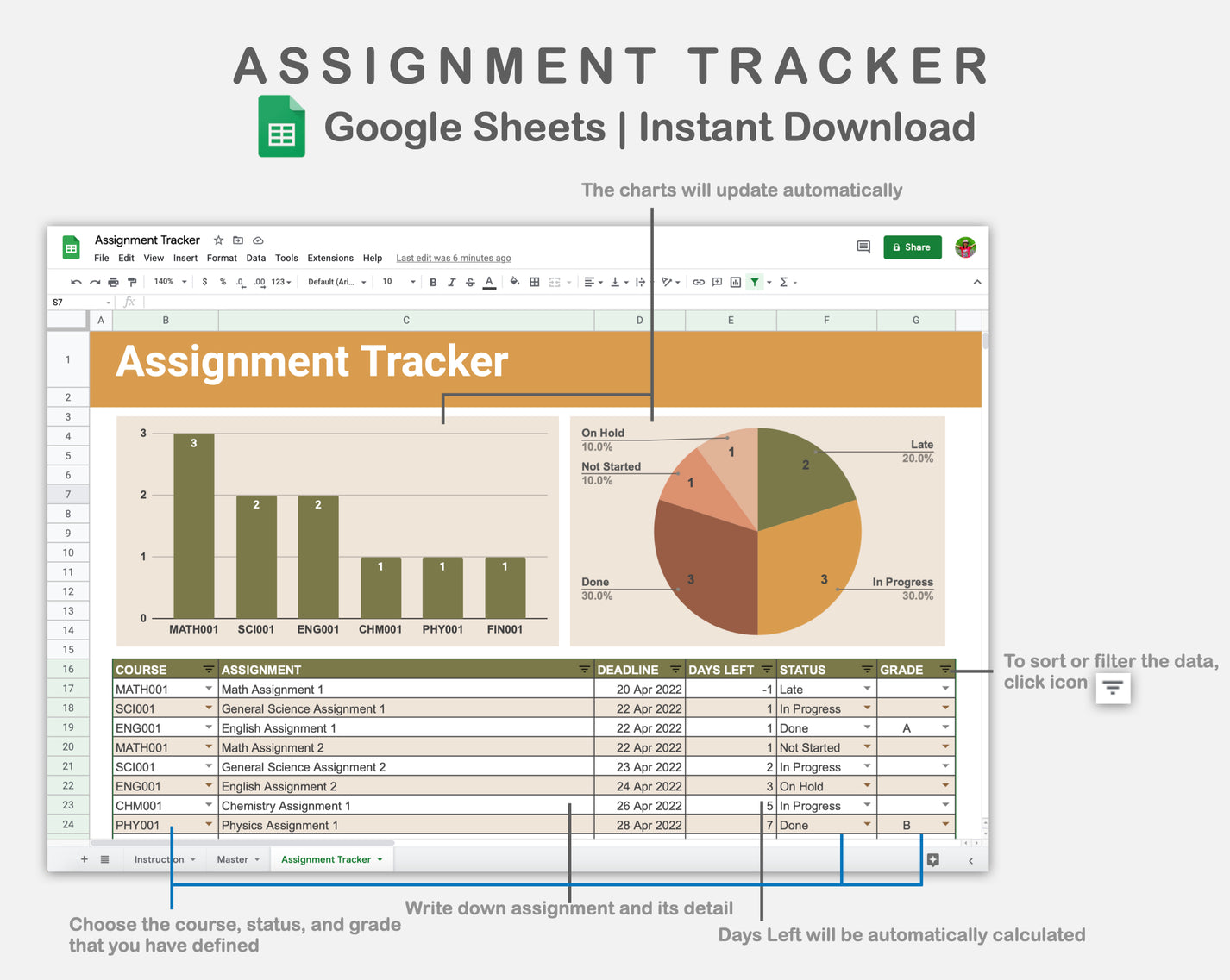 Google Sheets Assignment Tracker Boho Kjunstudio