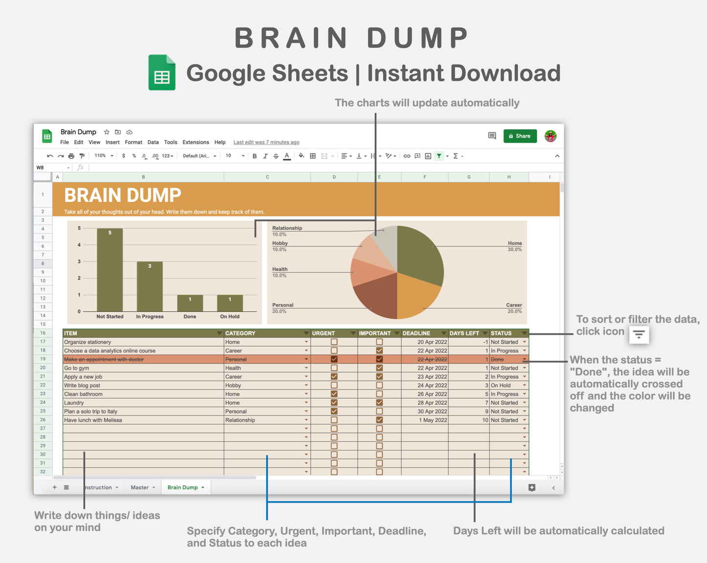 Google Sheets - Brain Dump - Boho