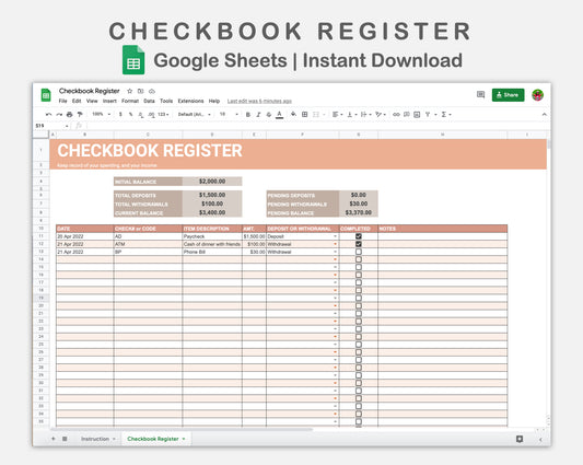 Google Sheets - Checkbook Register - Neutral