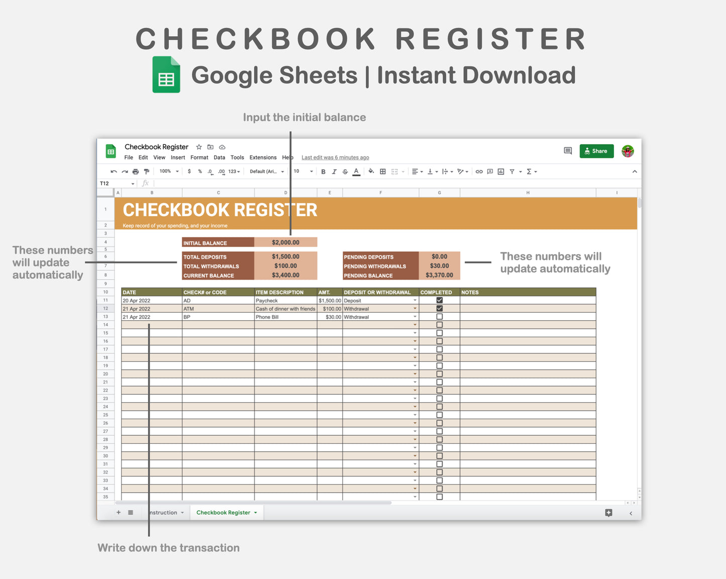 Google Sheets - Checkbook Register - Boho